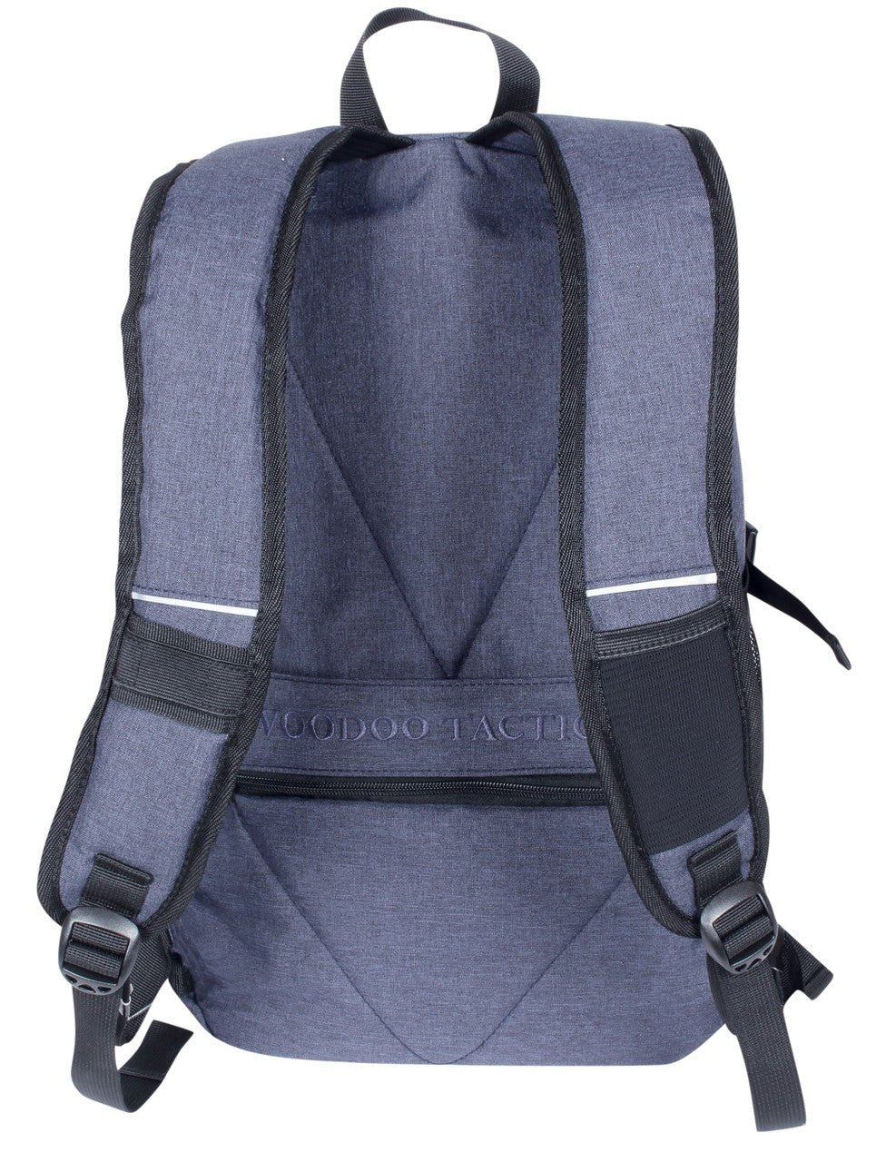 Back panel of the Navy Voodoo Liberty Backpack with padded straps and embroidered Voodoo Tactical strap