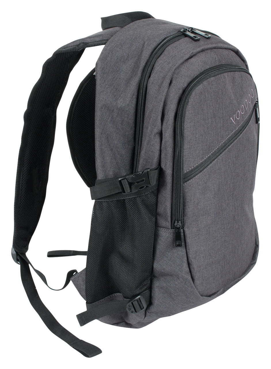 Dark Gray Voodoo Liberty Backpack side angle showing padded shoulder straps and compression buckle