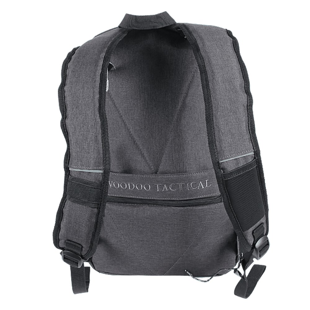 Back panel of the Dark Gray Voodoo Liberty Backpack with padded straps and embroidered Voodoo Tactical strap