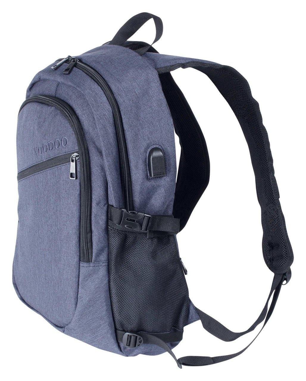 Navy Voodoo Liberty Backpack side view with USB port, mesh bottle pocket, and compression strap