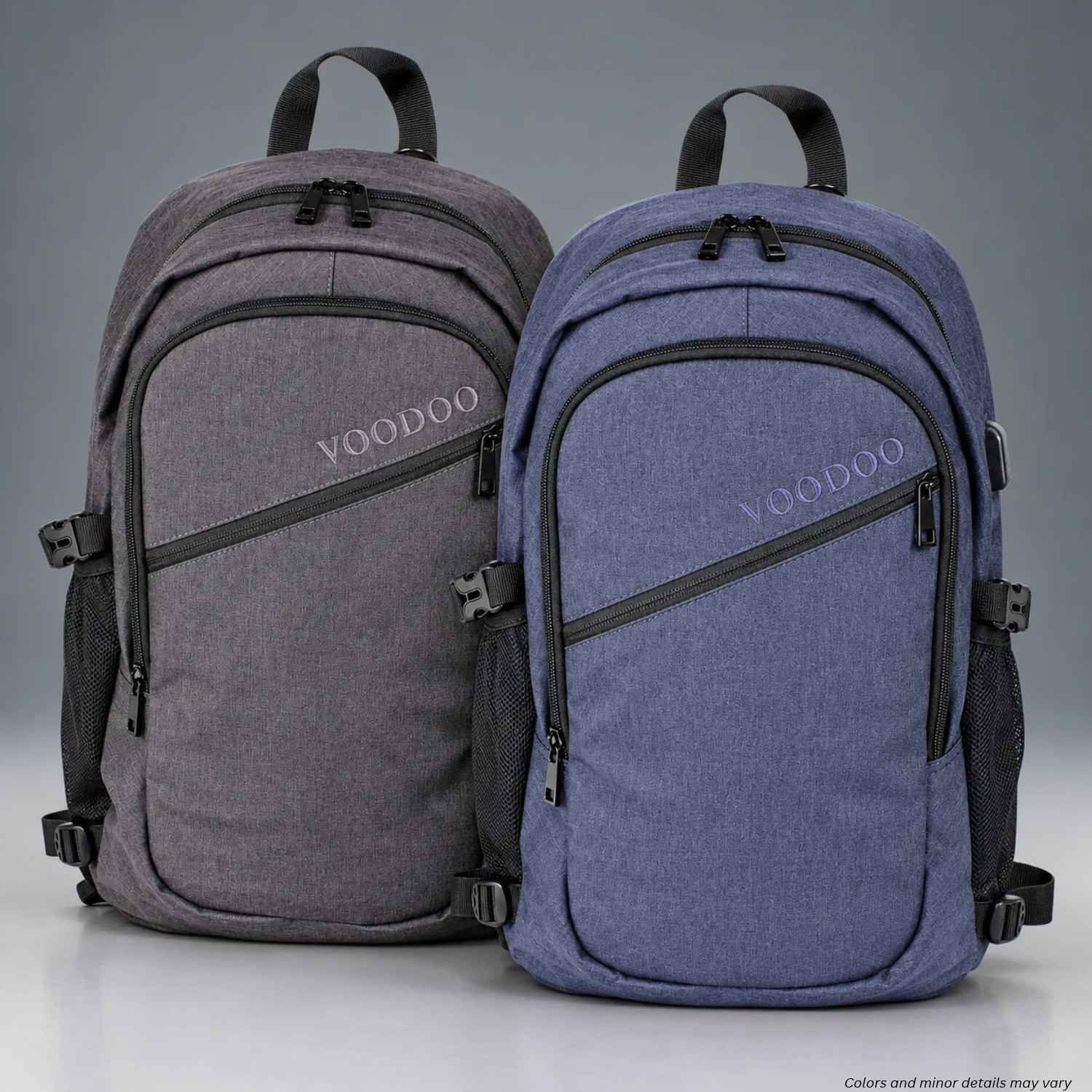 Voodoo Tactical Liberty Backpack 15-0310 in Dark Gray and Navy, front view of both colors side by side
