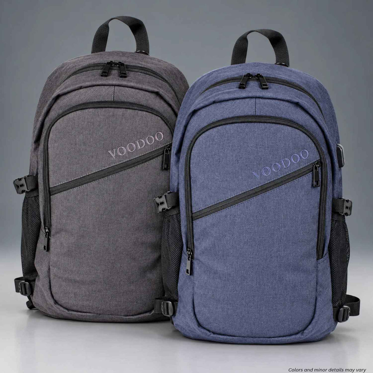 Voodoo Tactical Liberty Backpack 15-0310 in Dark Gray and Navy, front view of both colors side by side