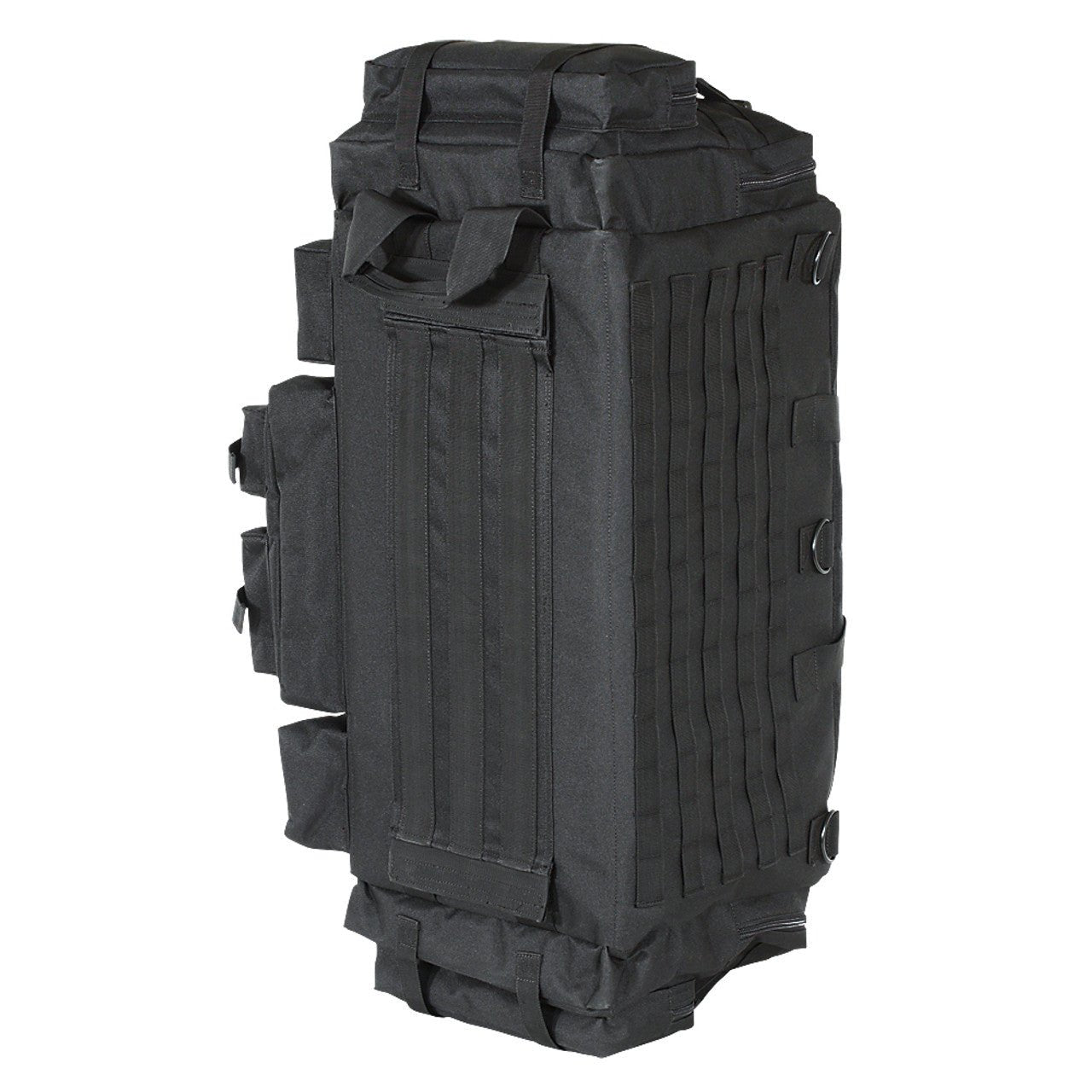 Voodoo Tactical Mini Mojo Load-Out Bag in black, standing upright showing side PALS webbing