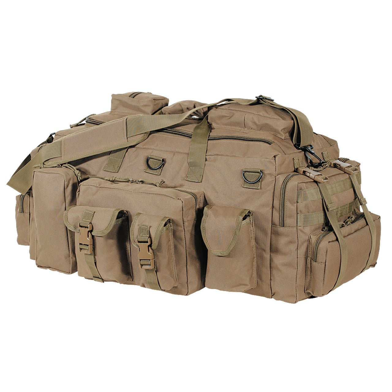 Voodoo Tactical Mini Mojo Load-Out Bag in coyote, front three-quarter view showing pouches