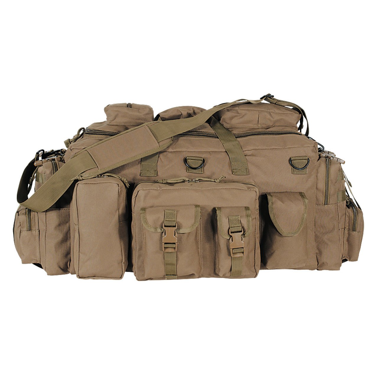 Voodoo Tactical Mini Mojo Load-Out Bag in coyote, front view showing top handle and pouches
