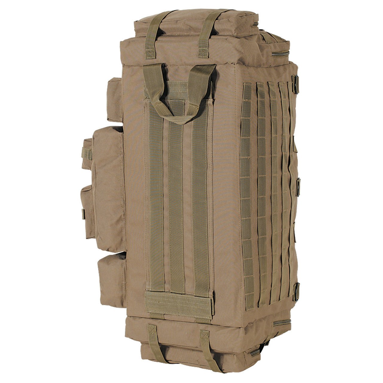 Voodoo Tactical Mini Mojo Load-Out Bag in coyote, standing upright showing side PALS webbing and handle