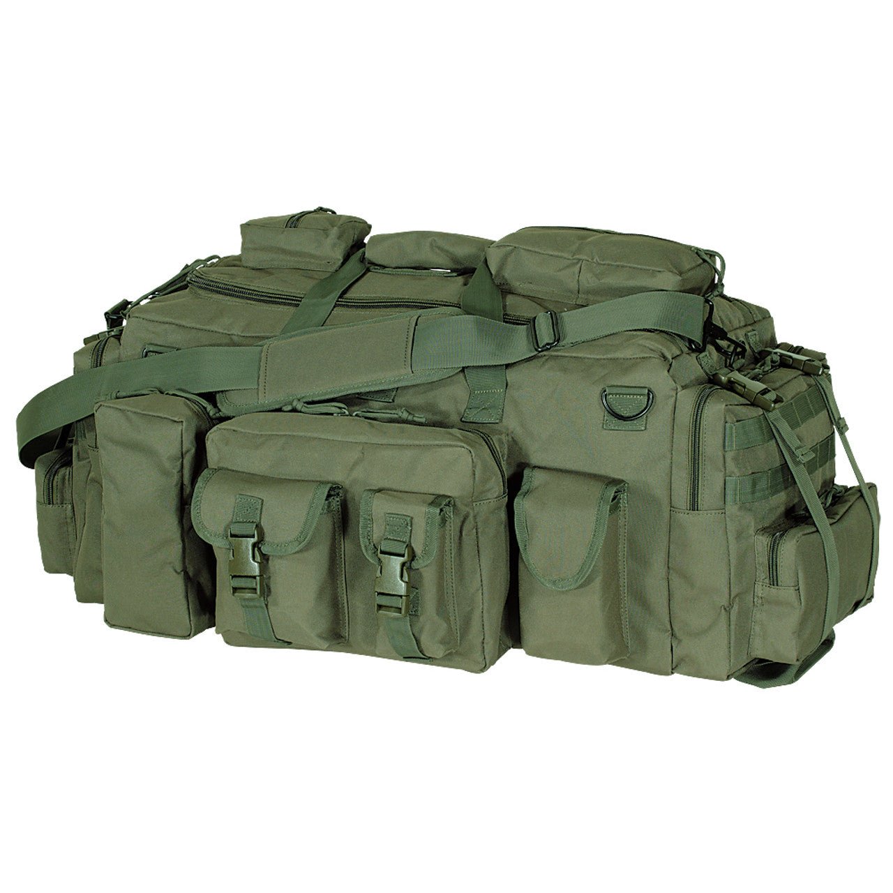 Voodoo Tactical Mini Mojo Load-Out Bag in olive green, front view showing compression straps and pouches