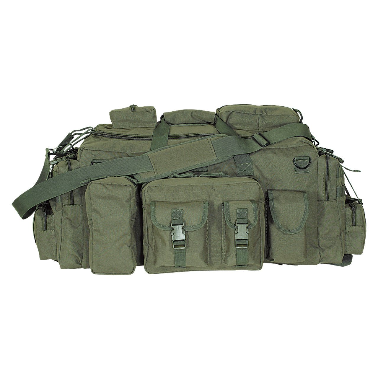 Voodoo Tactical Mini Mojo Load-Out Bag in olive green, front three-quarter view showing pouches