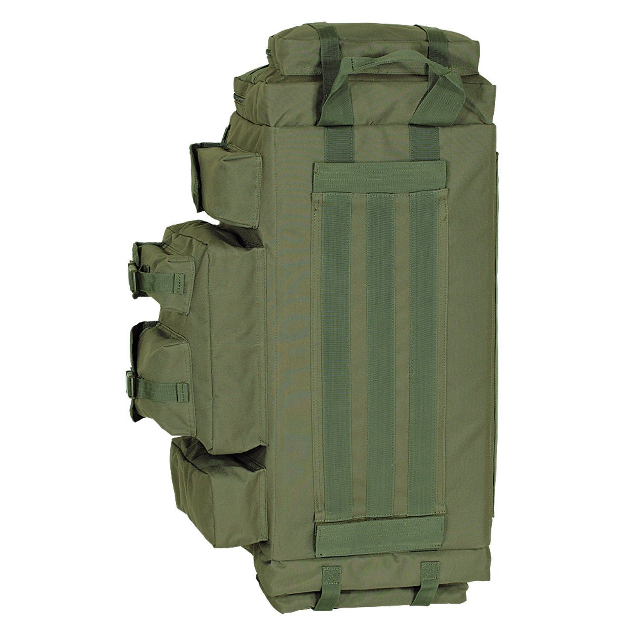 Voodoo Tactical Mini Mojo Load-Out Bag in olive green, standing upright showing side PALS webbing