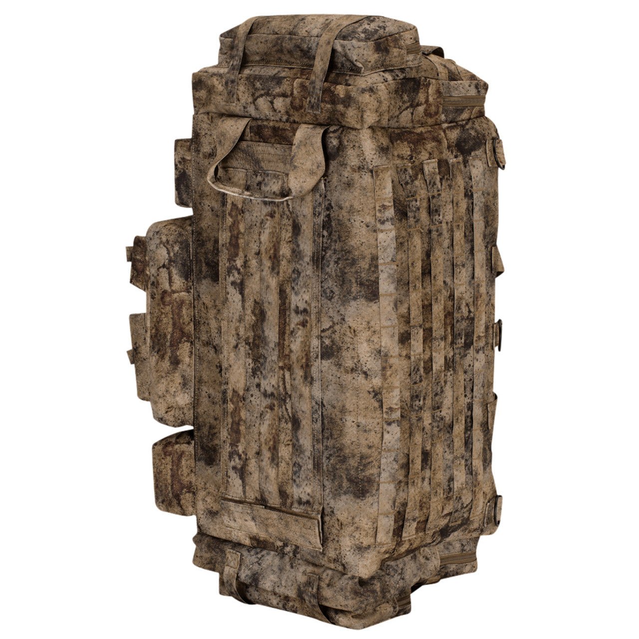 Voodoo Tactical Mini Mojo Load-Out Bag in VTC camo, standing upright showing side PALS webbing