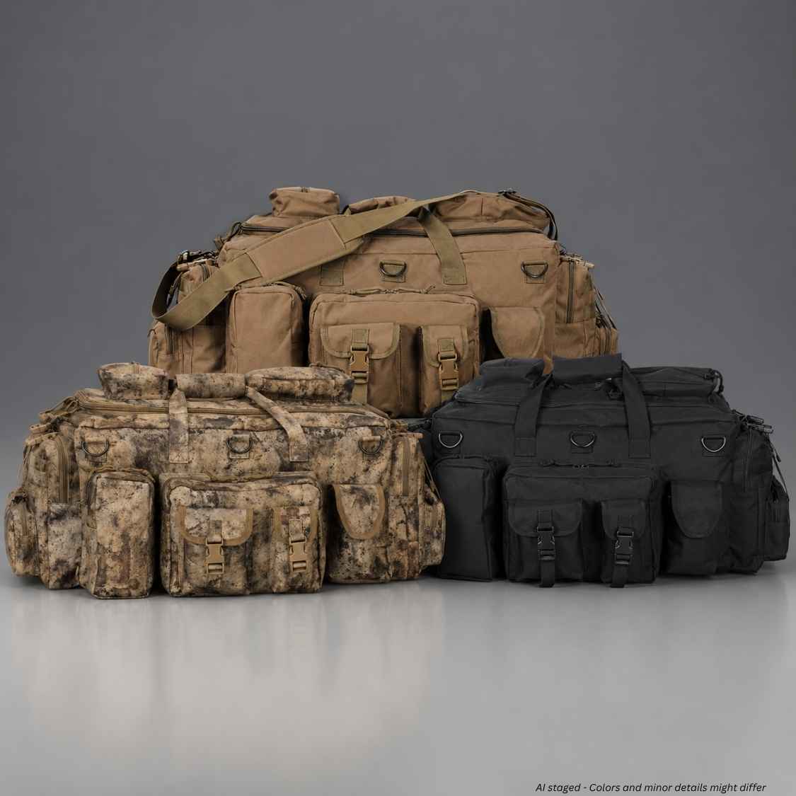 Voodoo Tactical Mini Mojo Load-Out Bag shown in VTC camo, coyote, and black together