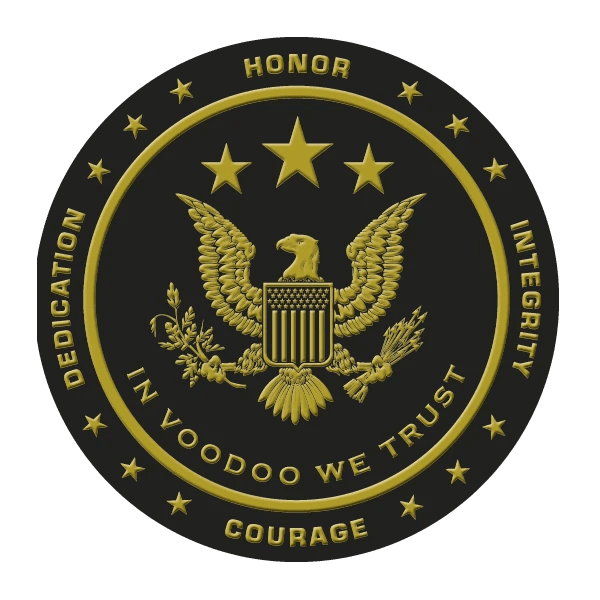 Reverse of Voodoo Tactical challenge coin with gold eagle and honor integrity courage dedication text