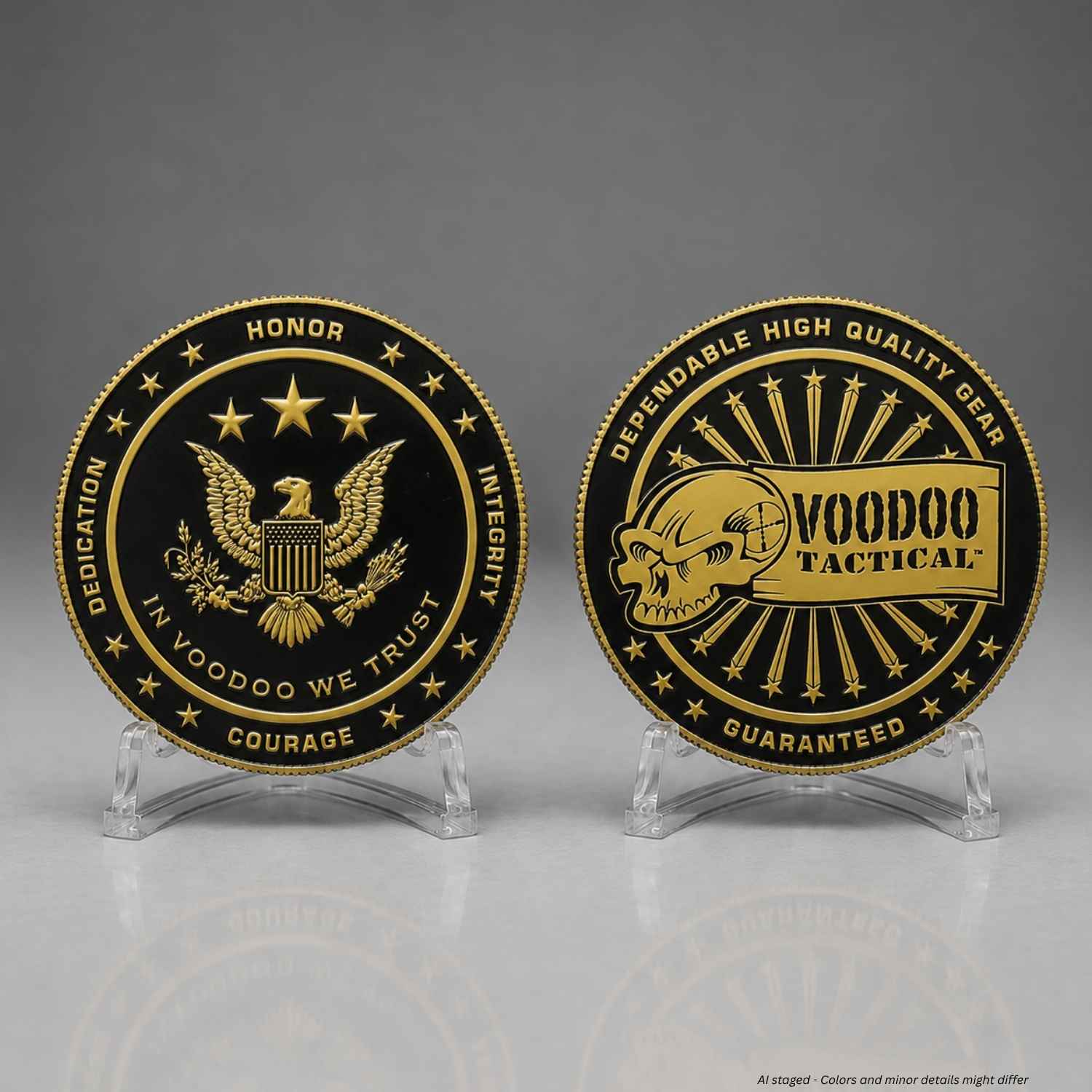 Voodoo Tactical round challenge coin front and back in black and gold