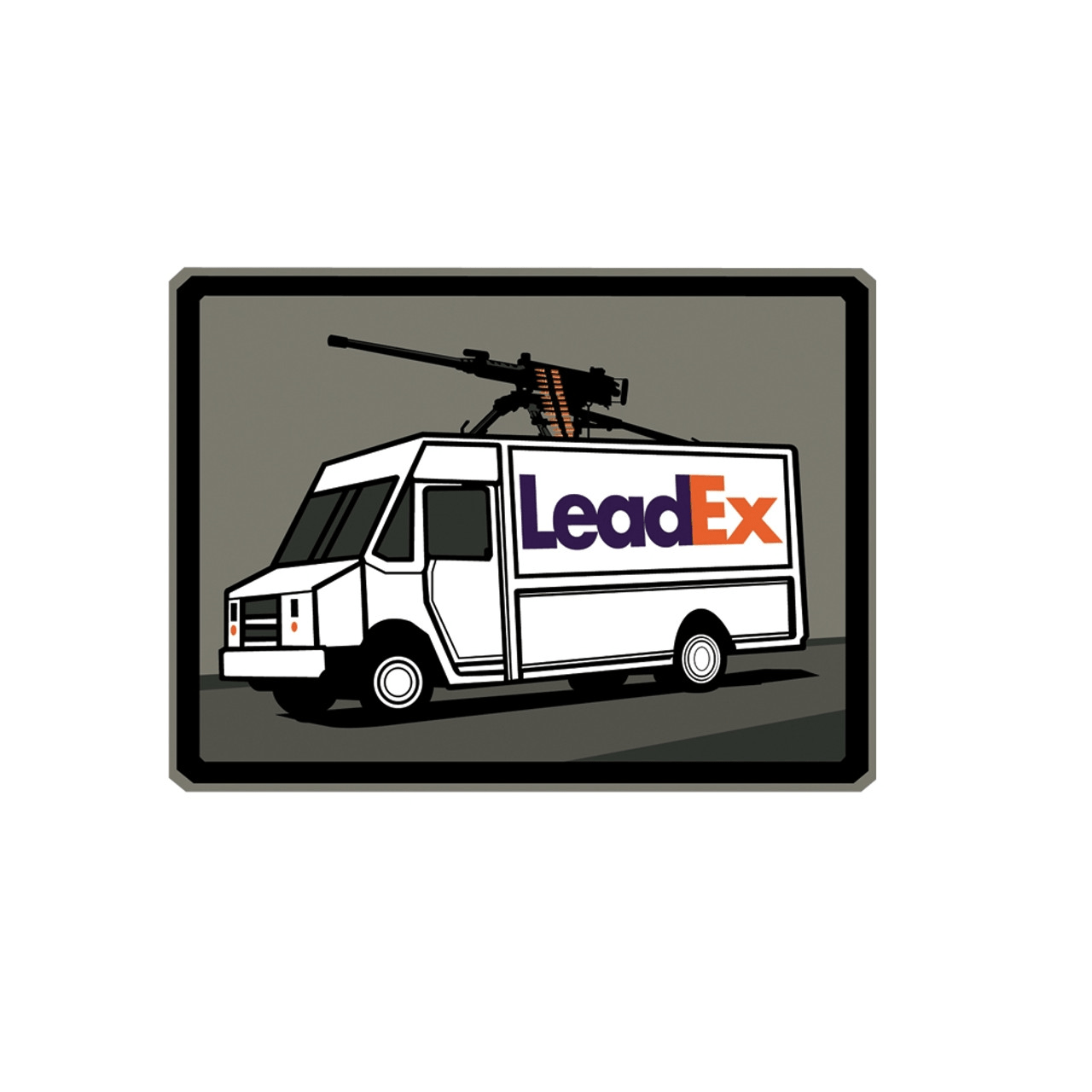 LeadEx delivery truck graphic featuring a mounted weapon, designed for tactical patches and apparel.