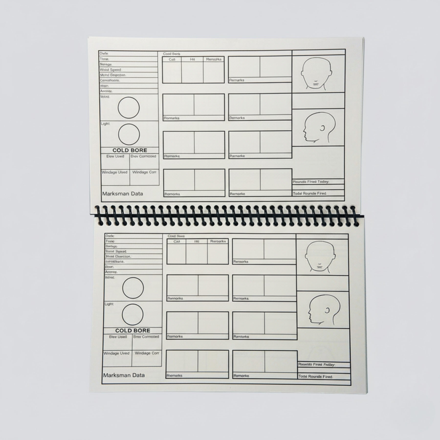 Sniper otebook with pre-filled forms and illustrations on a white background