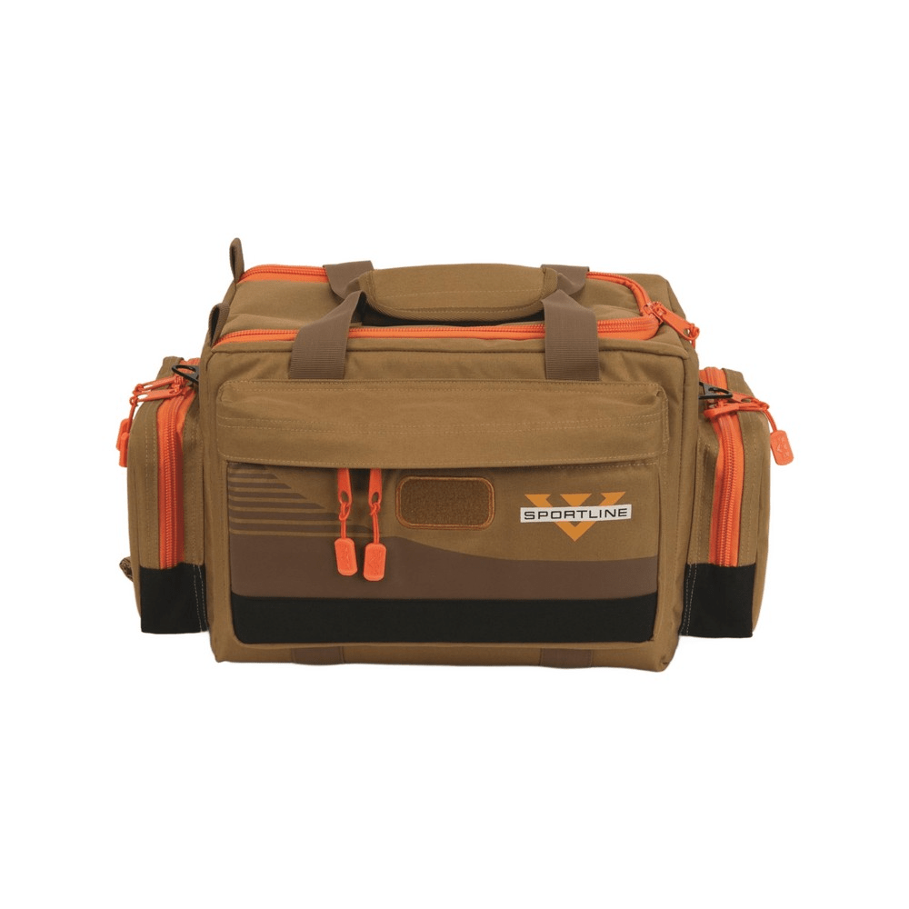 Voodoo Sport Range Bag with padded design and locking zippers in brown and orange for sports and outdoor enthusiasts.