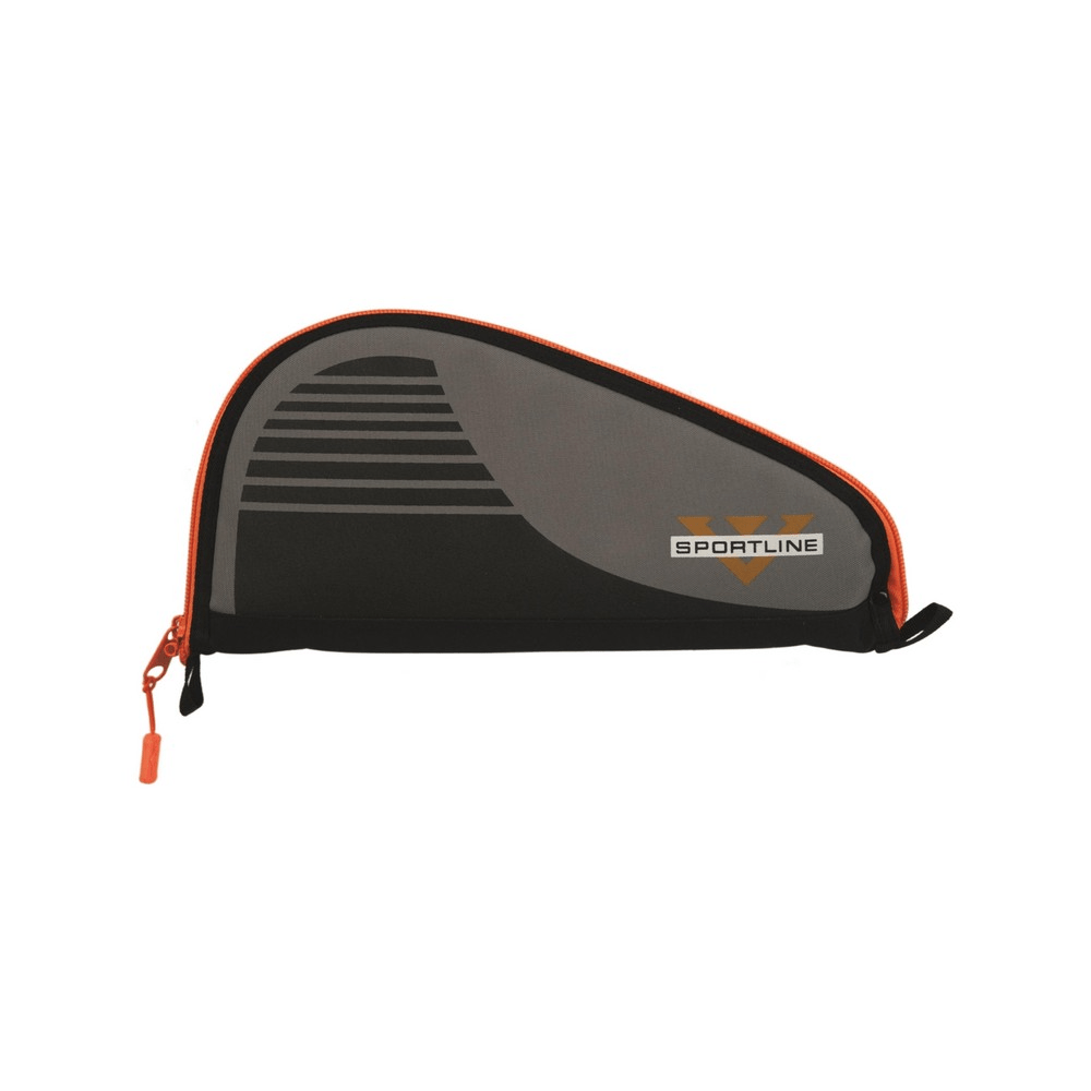 Black and gray zippered pouch with orange accents on a white background