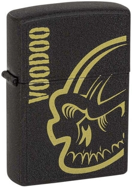 Voodoo Tactical USB electrical lighter featuring a black design with a gold skull graphic. Ideal for tactical gear enthusiasts.