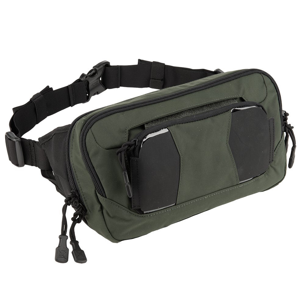 Green waist bag with black accents on a white background