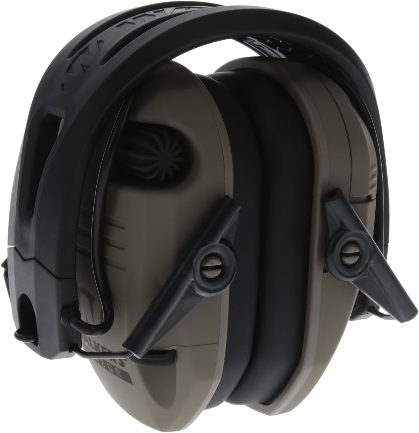Black and gray ear protection device on a white background
