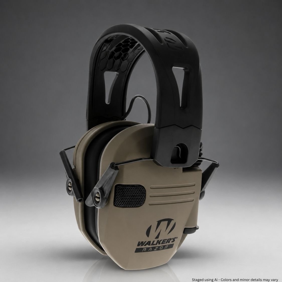 Pair of Walkers Razor electronic hearing protection headphones on a gray background