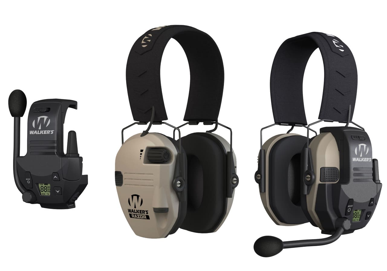 Pair of Walkers Game Ear headphones with a receiver on a white background