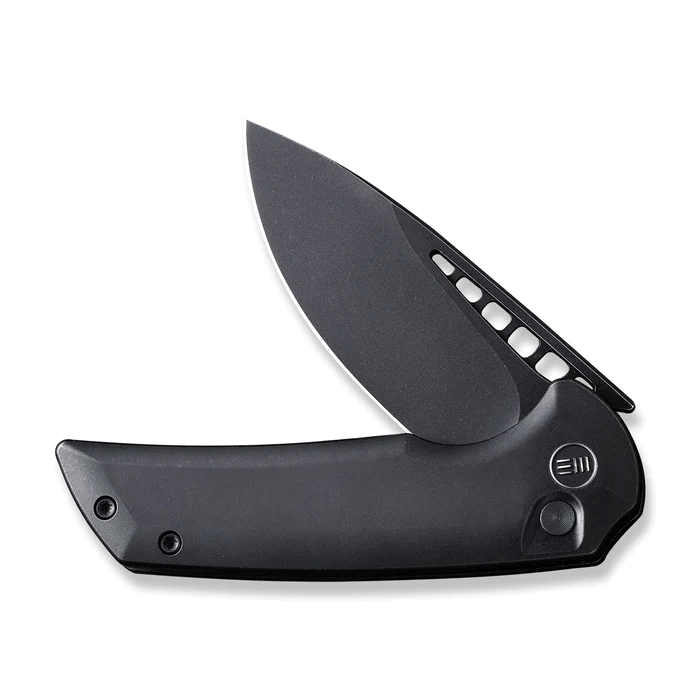 WE Knife Mini Malice Flipper with button lock mechanism, showcasing sleek black design and innovative craftsmanship.