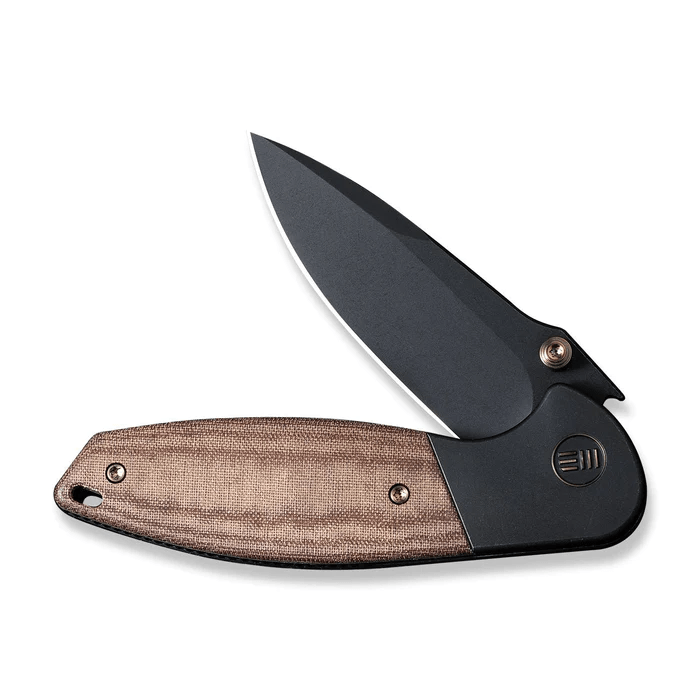 We Knife Nitro Mini Flipper knife with a sleek black blade and textured wooden handle, perfect for everyday use.