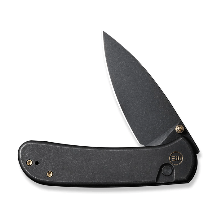 We Knife Qubit Thumb Stud & Button Lock Knife with sleek black handle and sharp blade, showcasing premium design and craftsmanship.