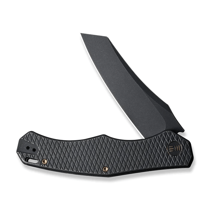 We Knife RekkeR Flipper Knife showcasing sleek black blade and textured handle, perfect for style and performance.