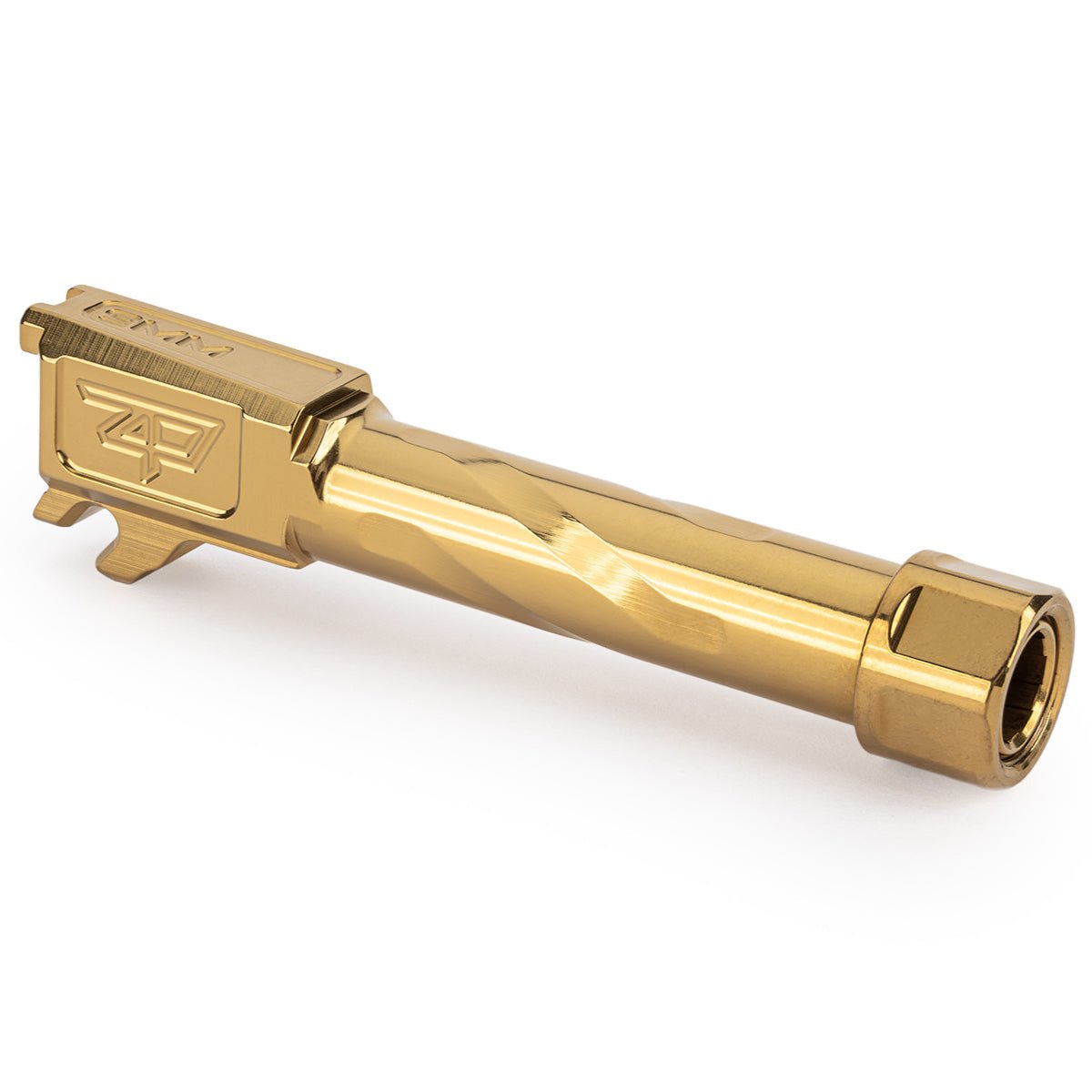 Gold gun barrel with 'Z' logo on a white background