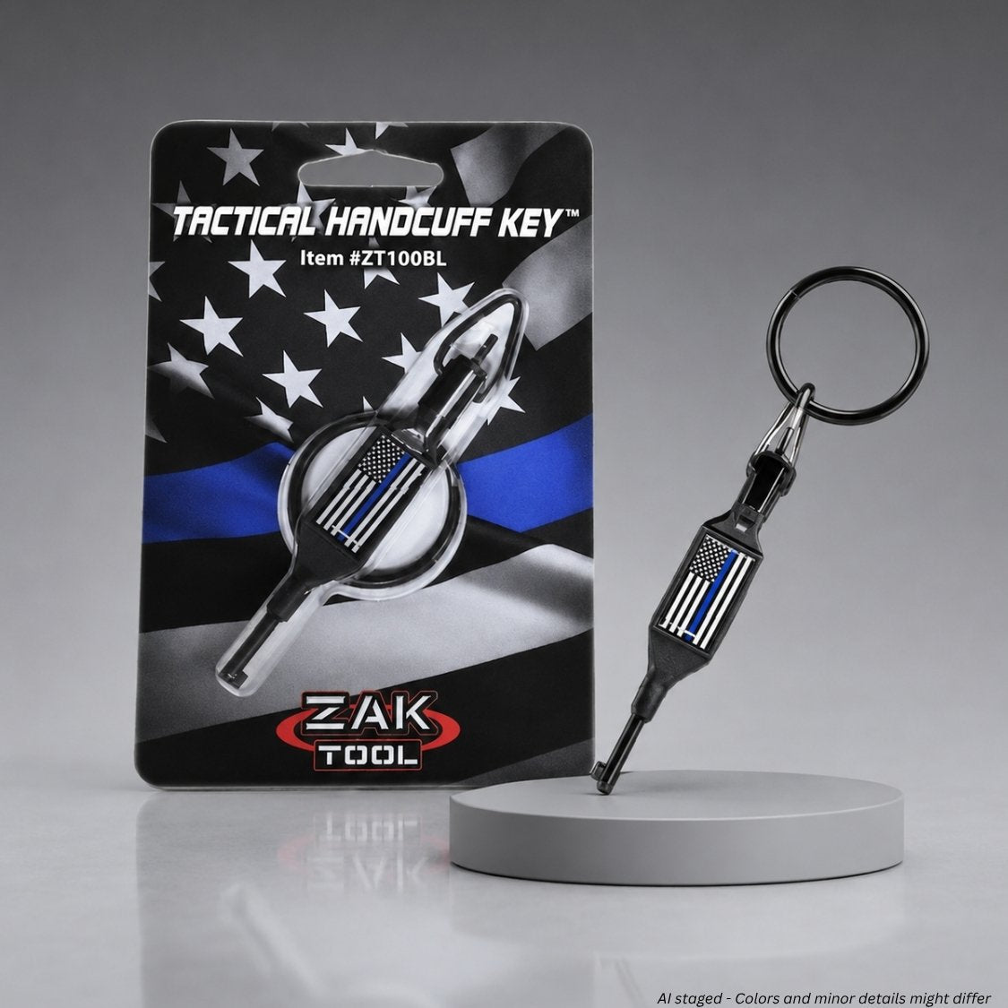 Zak Tool ZAK-100-BL swivel handcuff key with Thin Blue Line USA flag on black polymer body, shown with retail blister card packaging and black split ring