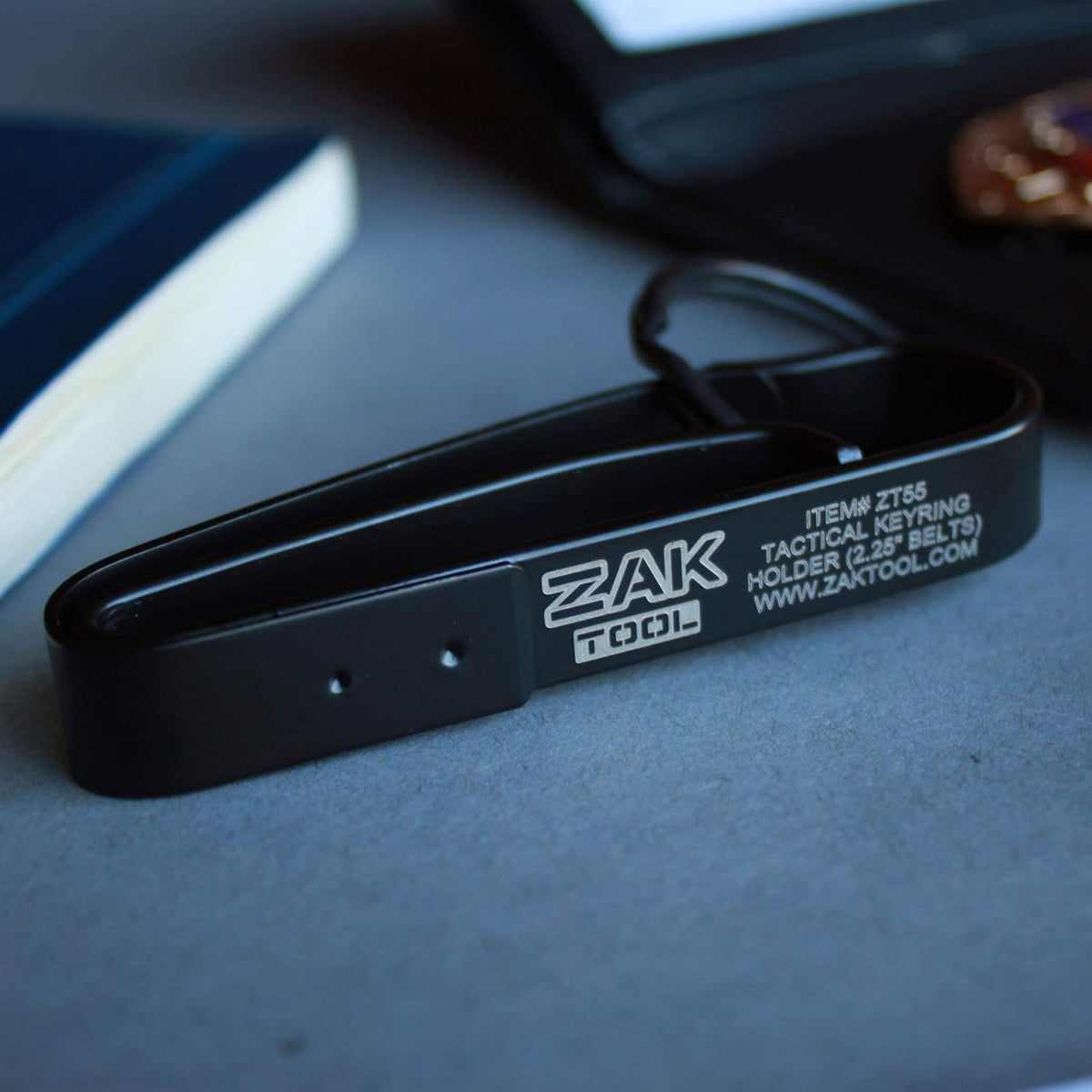 Zak Tool ZT55 key ring holder showing engraved item number and 2.25 inch belt fit