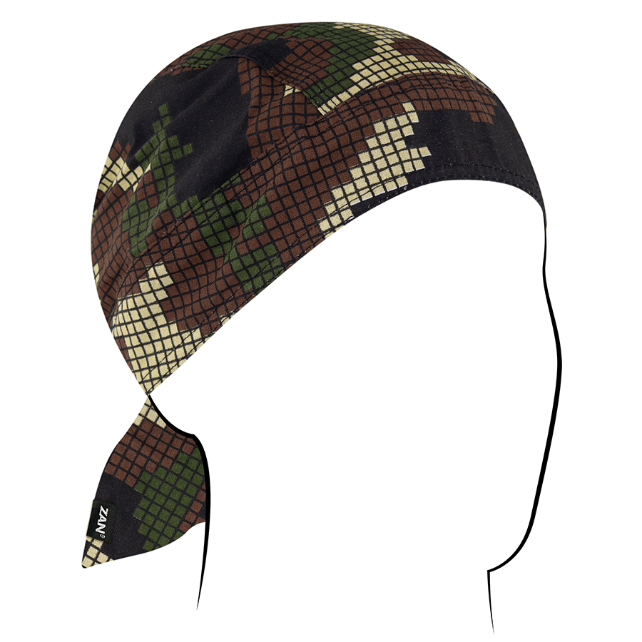 Zan Headgear Flydanna in camouflage design, perfect for keeping sweat away under helmets and reducing hair tangles.