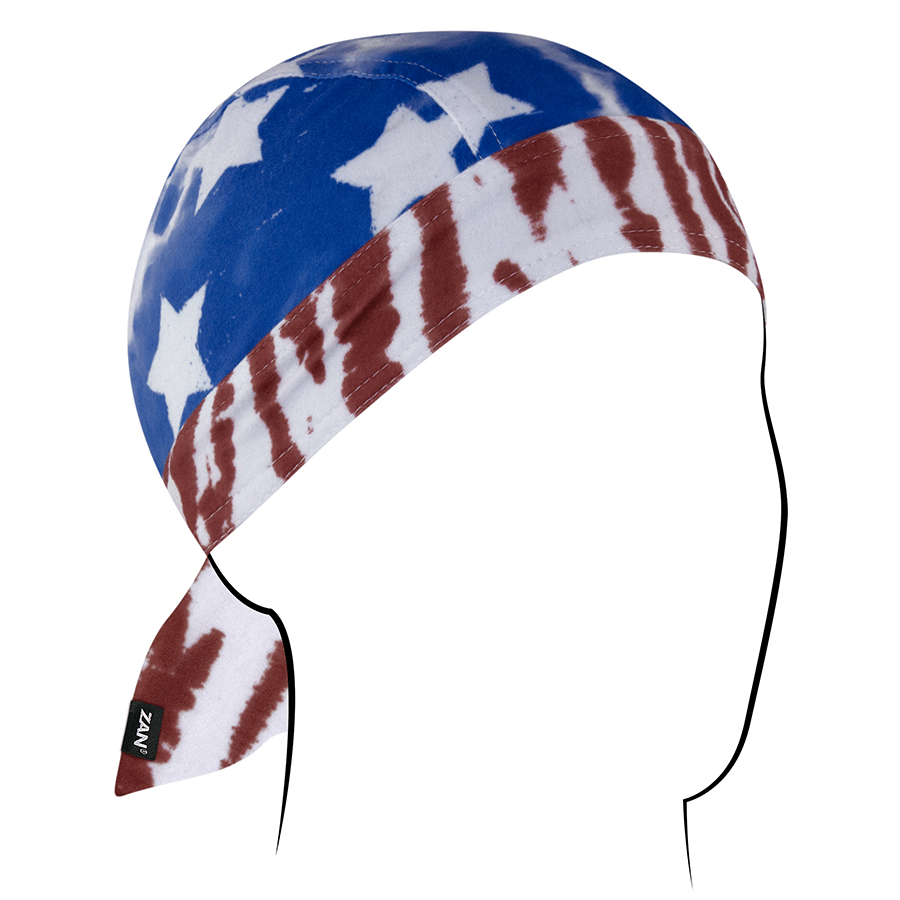 ZANheadgear Flydanna in red, white, and blue design, ideal for moisture control and helmet comfort.