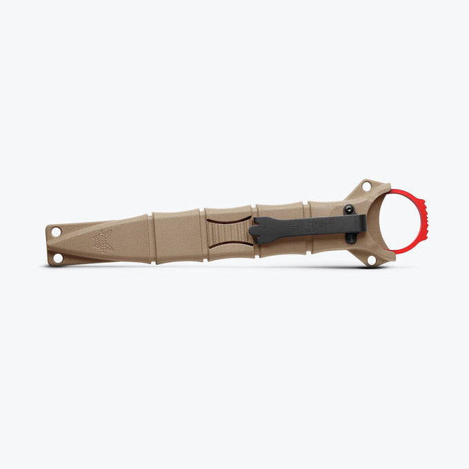 Tactical knife sheath with red clip on a white background