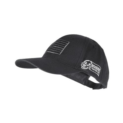 Voodoo Tactical baseball cap with removable USA flag Velcro patch, featuring embroidered logo and adjustable strap.