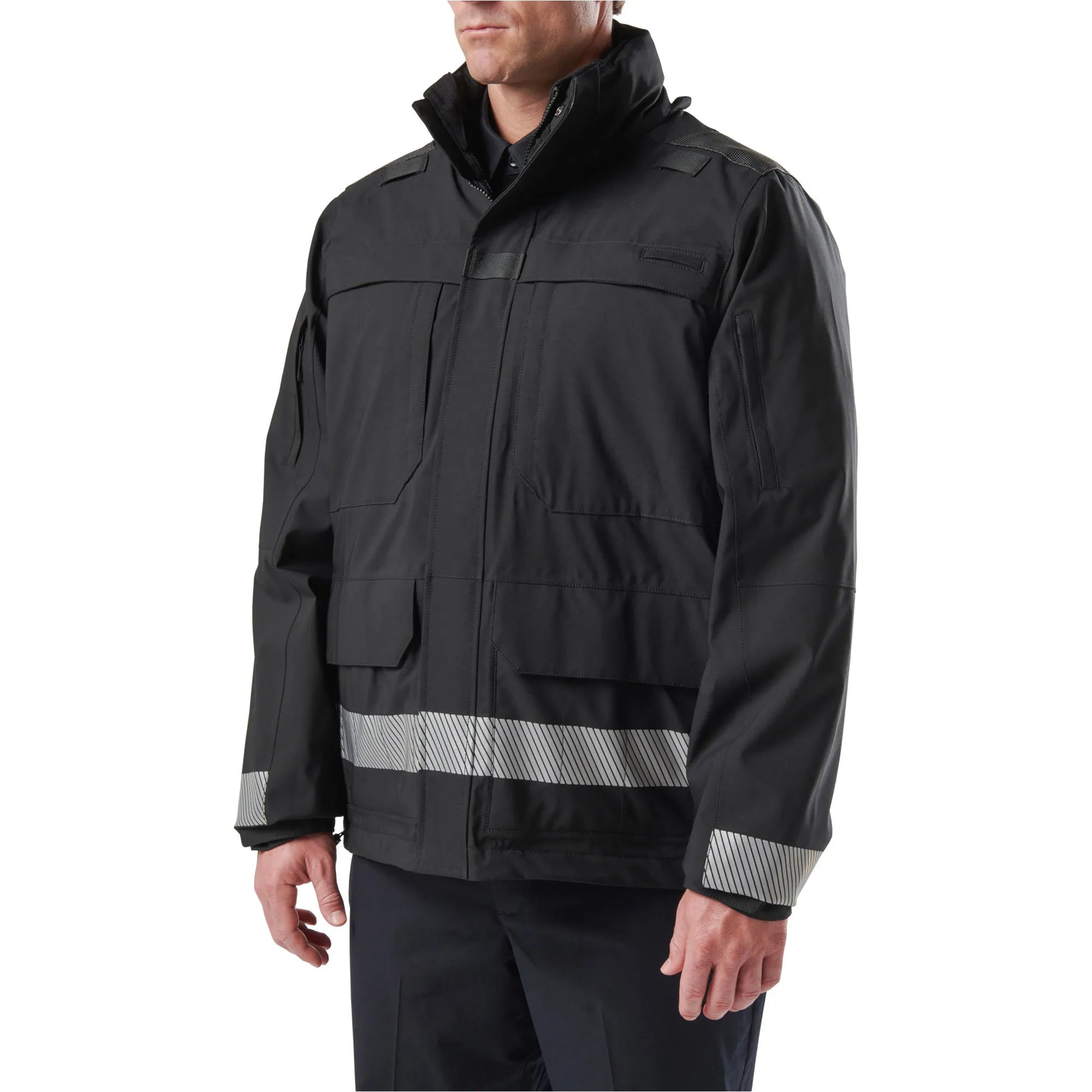 5.11 Tactical Responder Parka 2.0 jacket in black, featuring reflective stripes for visibility and protection in harsh conditions.