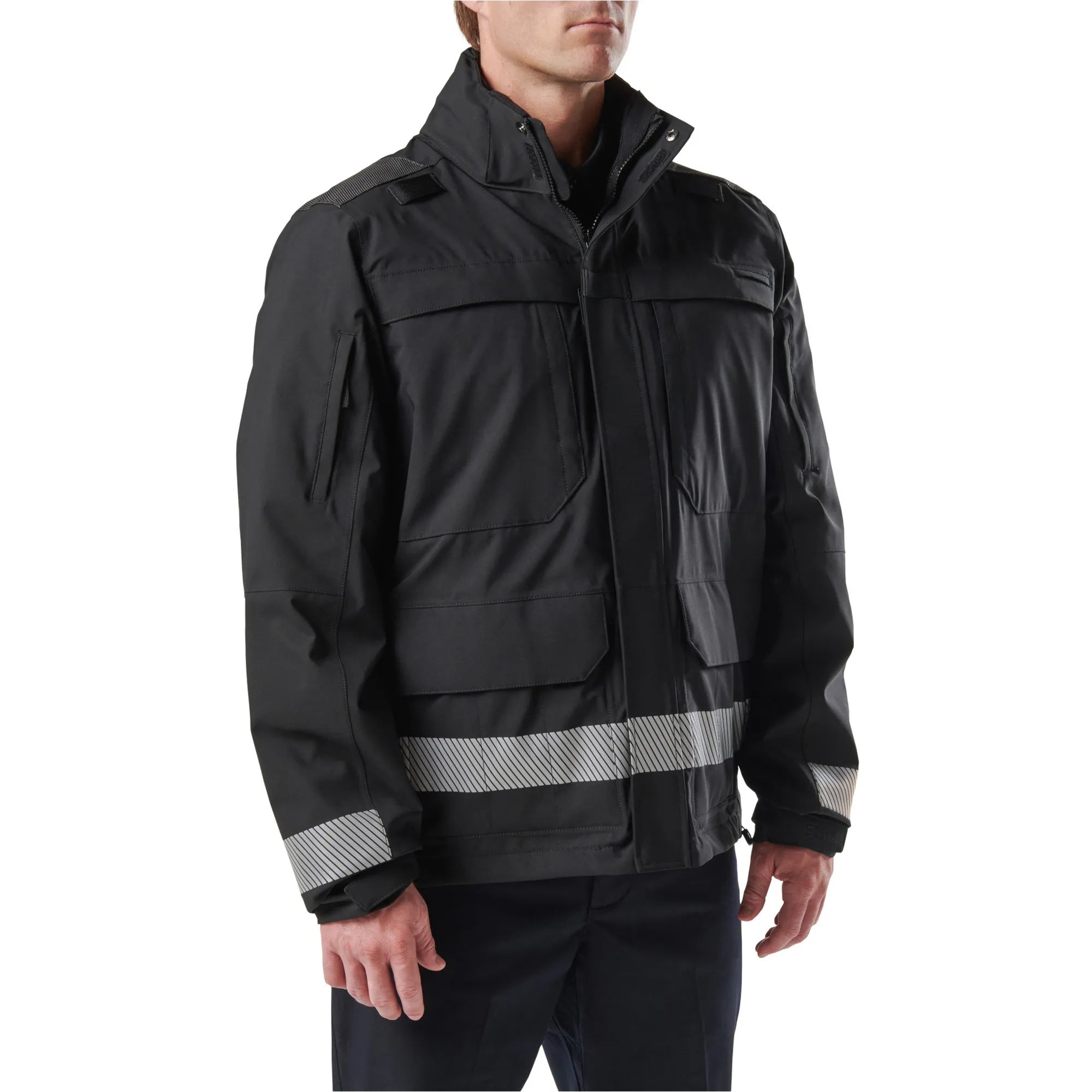 5.11 Tactical Responder Parka 2.0 in black, offering essential protection for first responders with reflective detailing.