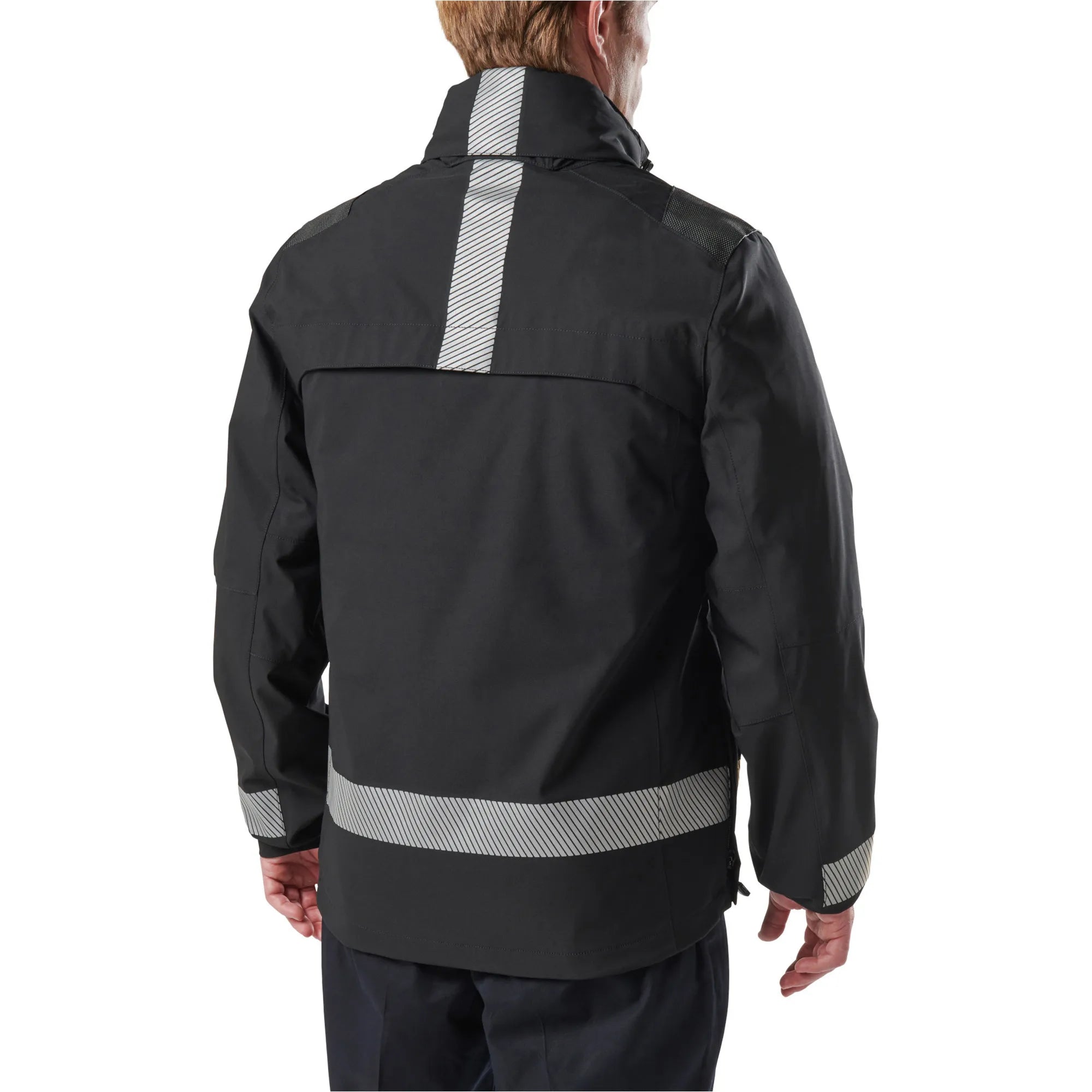 Back view of 5.11 Tactical Responder Parka 2.0, featuring reflective stripes for enhanced visibility and protection.