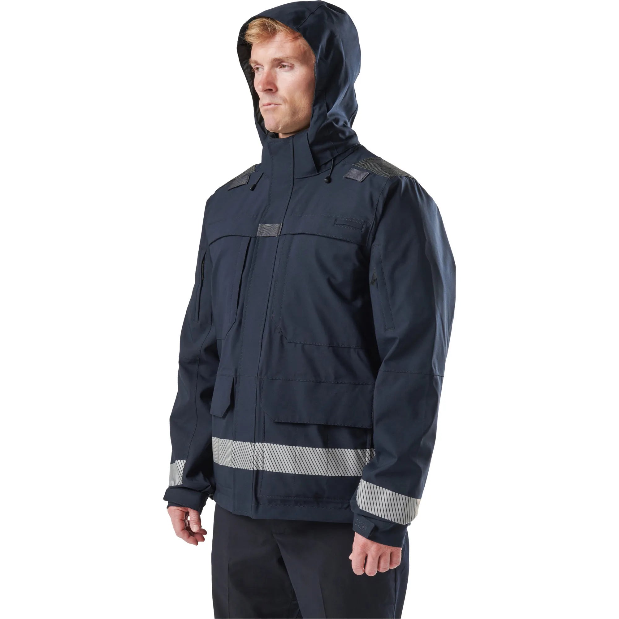 5.11 Tactical Responder Parka 2.0 jacket with hood, featuring reflective stripes for enhanced visibility.
