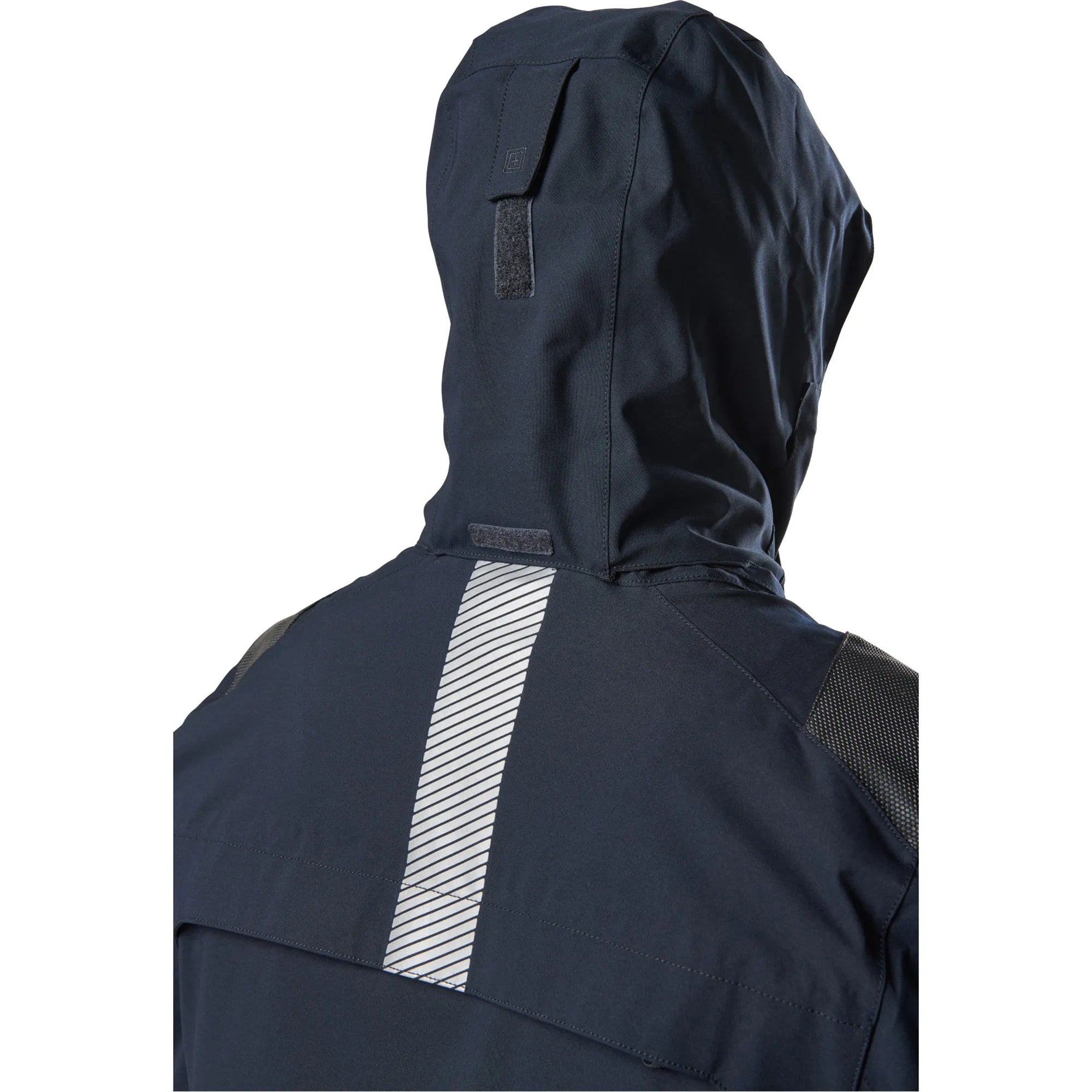 Back view of the 5.11 Tactical Responder Parka 2.0 showing its hood and reflective stripe design.
