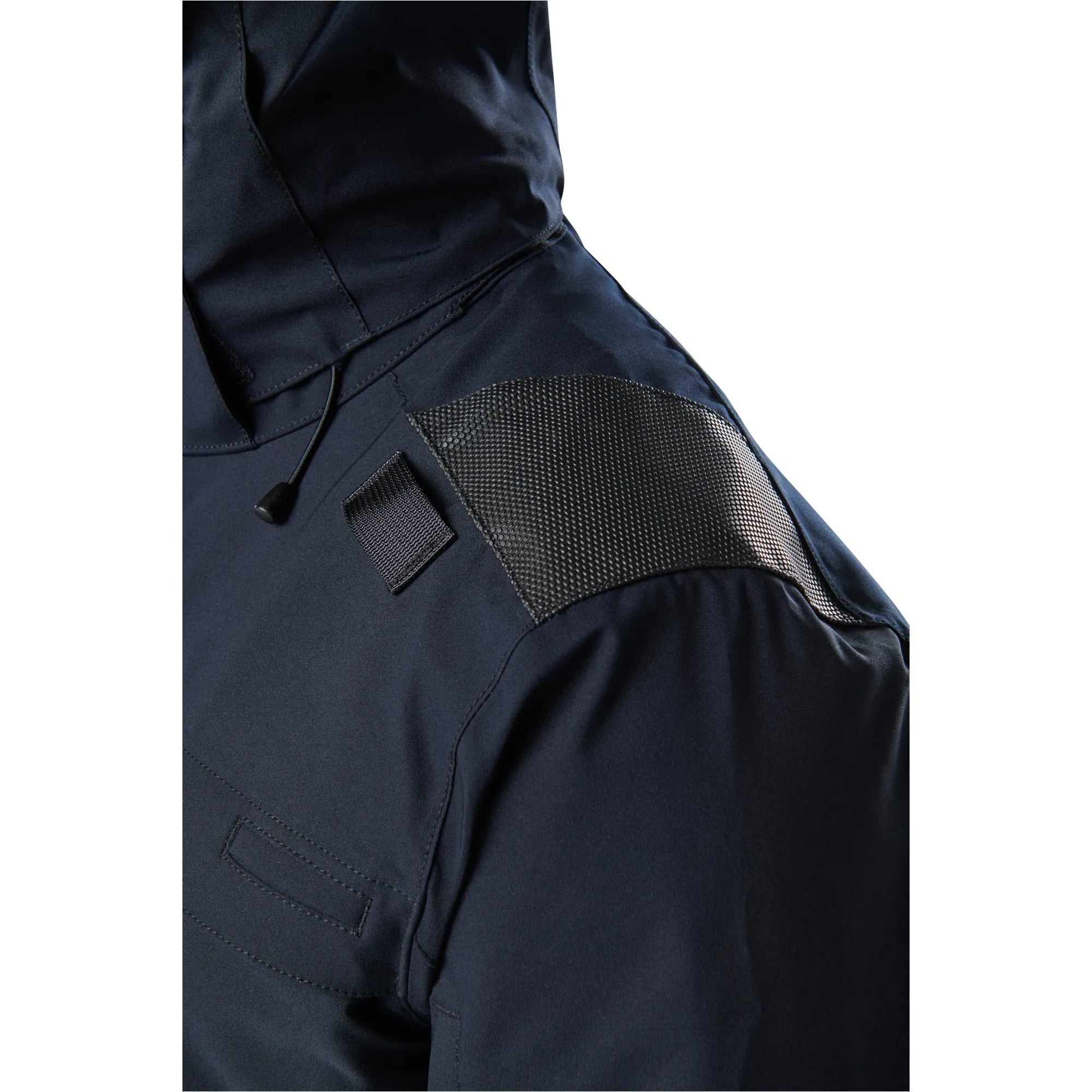 Close-up of the 5.11 Tactical Responder Parka 2.0 showcasing durable hardshell fabric and reinforced shoulder panel.