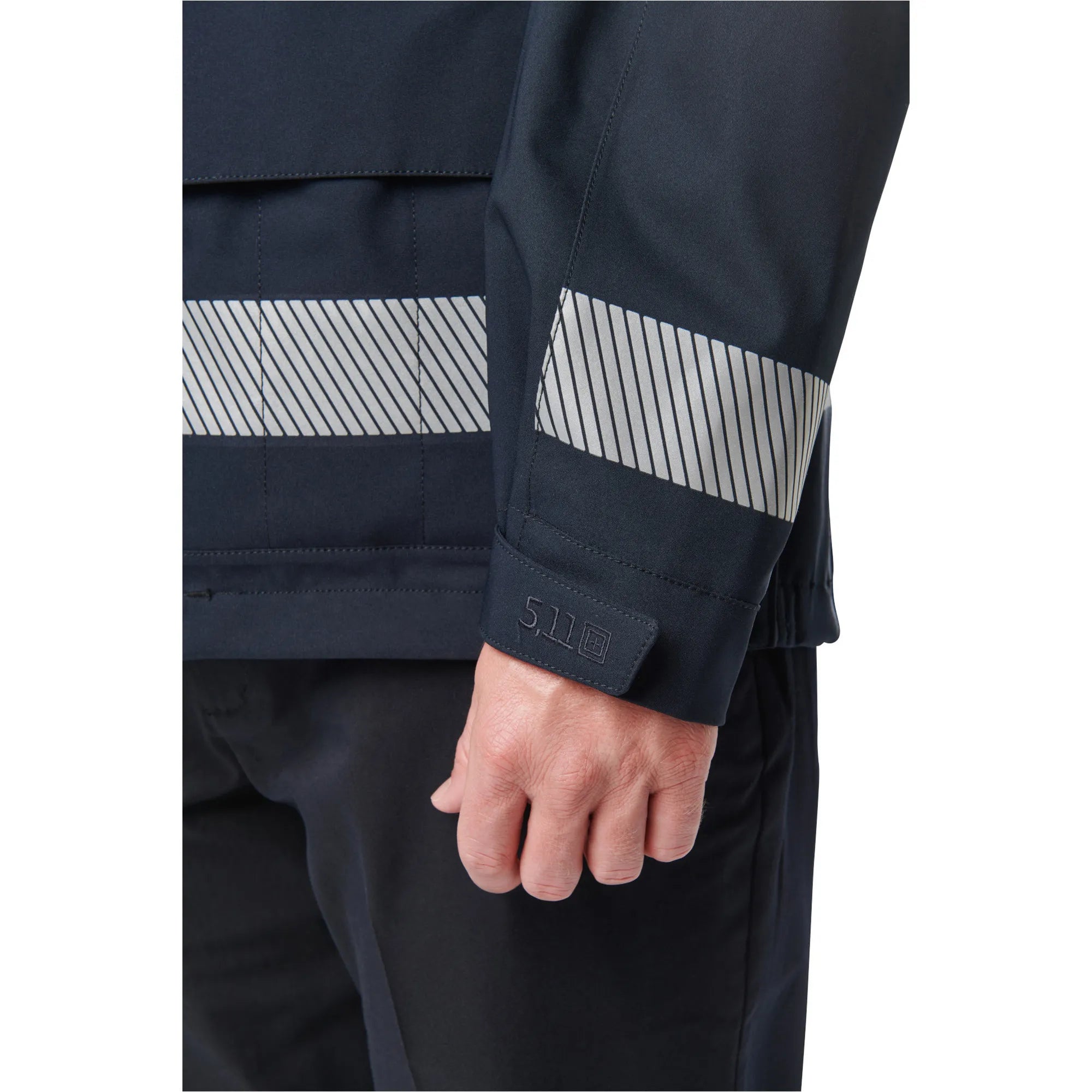 Close-up of 5.11 Tactical Responder Parka 2.0 featuring reflective stripes on the sleeve for enhanced visibility and safety.