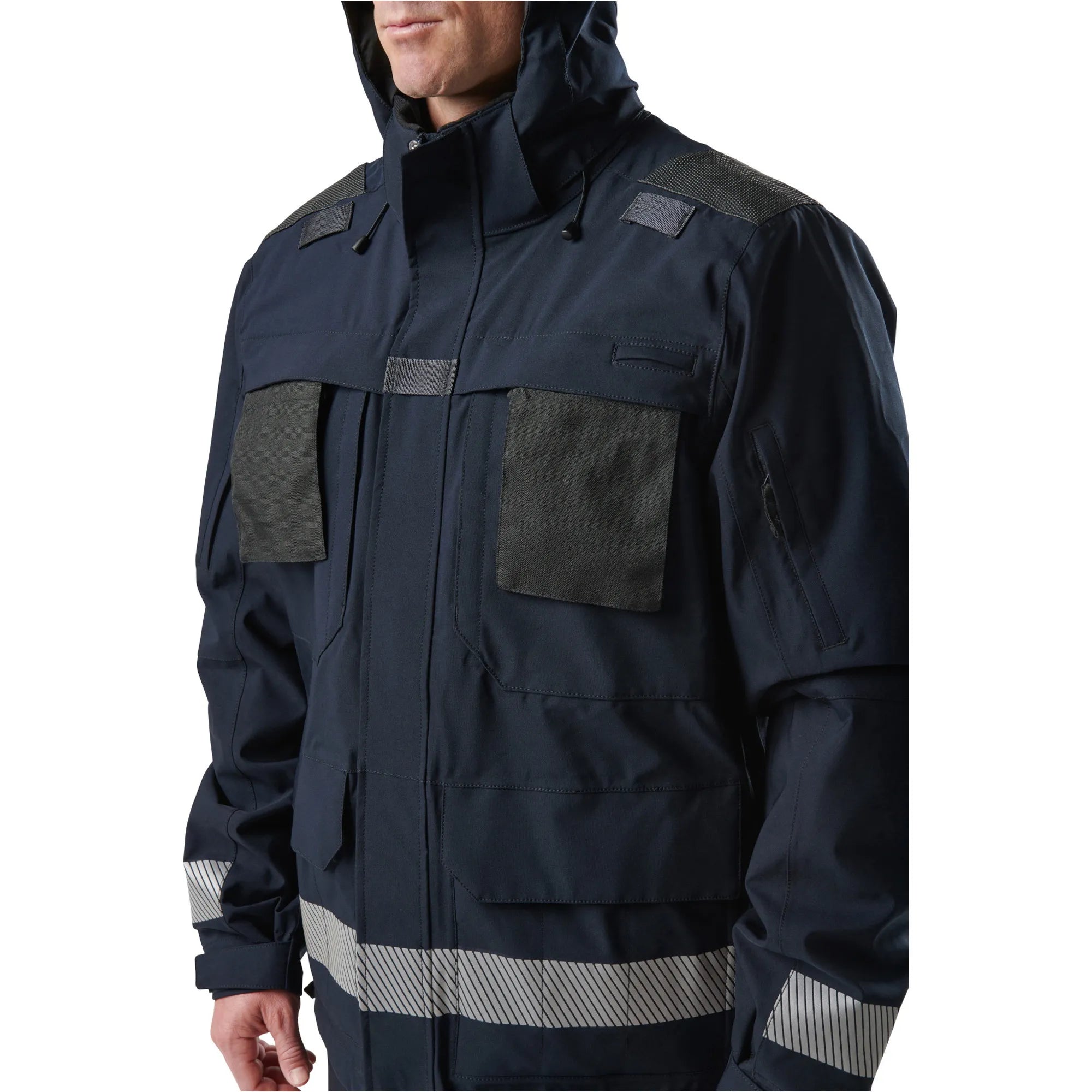 5.11 Tactical Responder Parka 2.0 featuring multiple pockets and reflective details for enhanced visibility and protection.