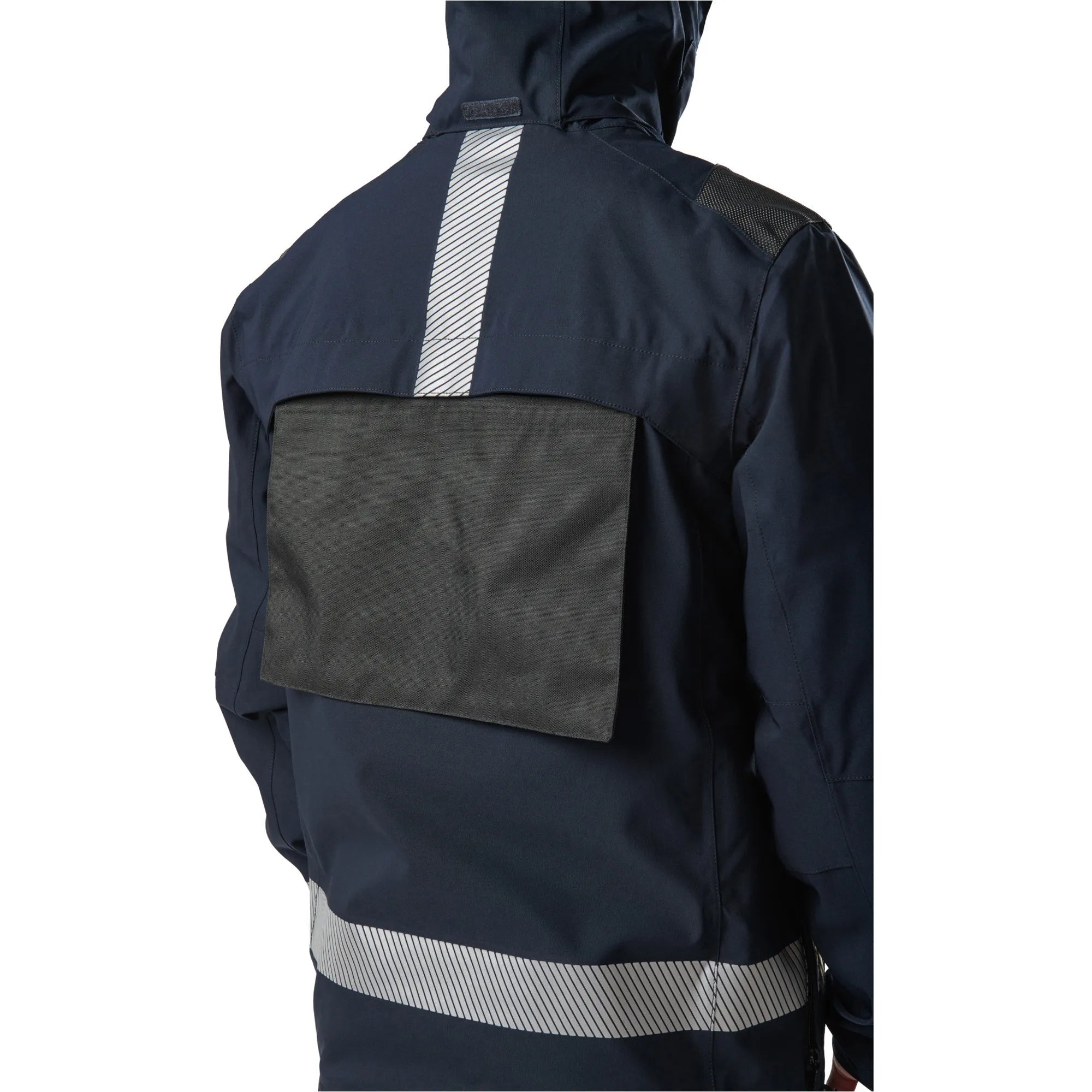 Back view of 5.11 Tactical Responder Parka 2.0 featuring reflective striping and durable pocket design.