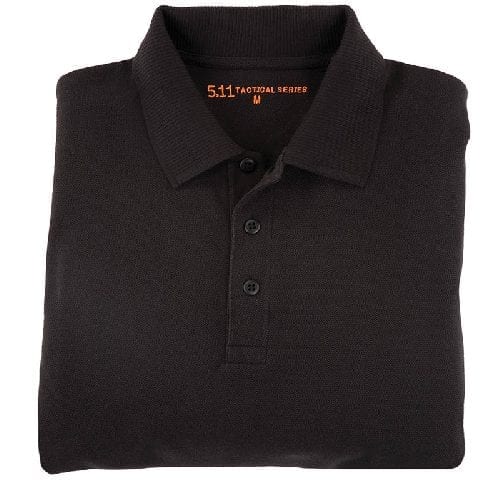 Folded Black 5.11 Women's Professional Polo showing the collar and melamine buttons