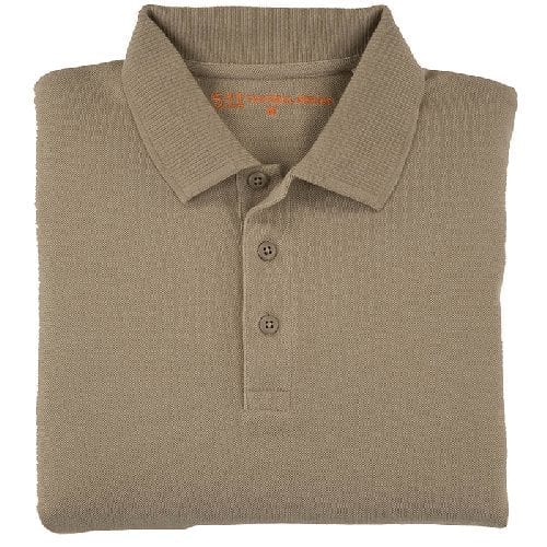 Folded Silver Tan 5.11 Women's Professional Polo showing cotton pique knit texture