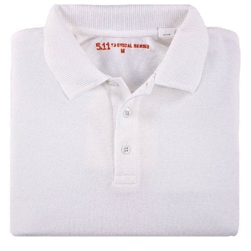 Folded White 5.11 Women's Professional Polo showing the no-roll collar and placket