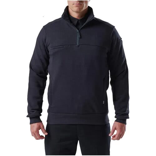 5.11 Tactical Job Shirt 1/4 Zip 2.0 in black, featuring durable fleece fabric and Break-Through™ pocket for utility.